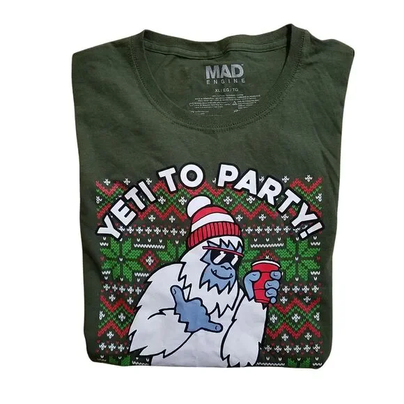 Mad Engine Yeti To Party T-Shirt Men’s Size XL Green Ugly Christmas Sweater - Picture 3 of 3